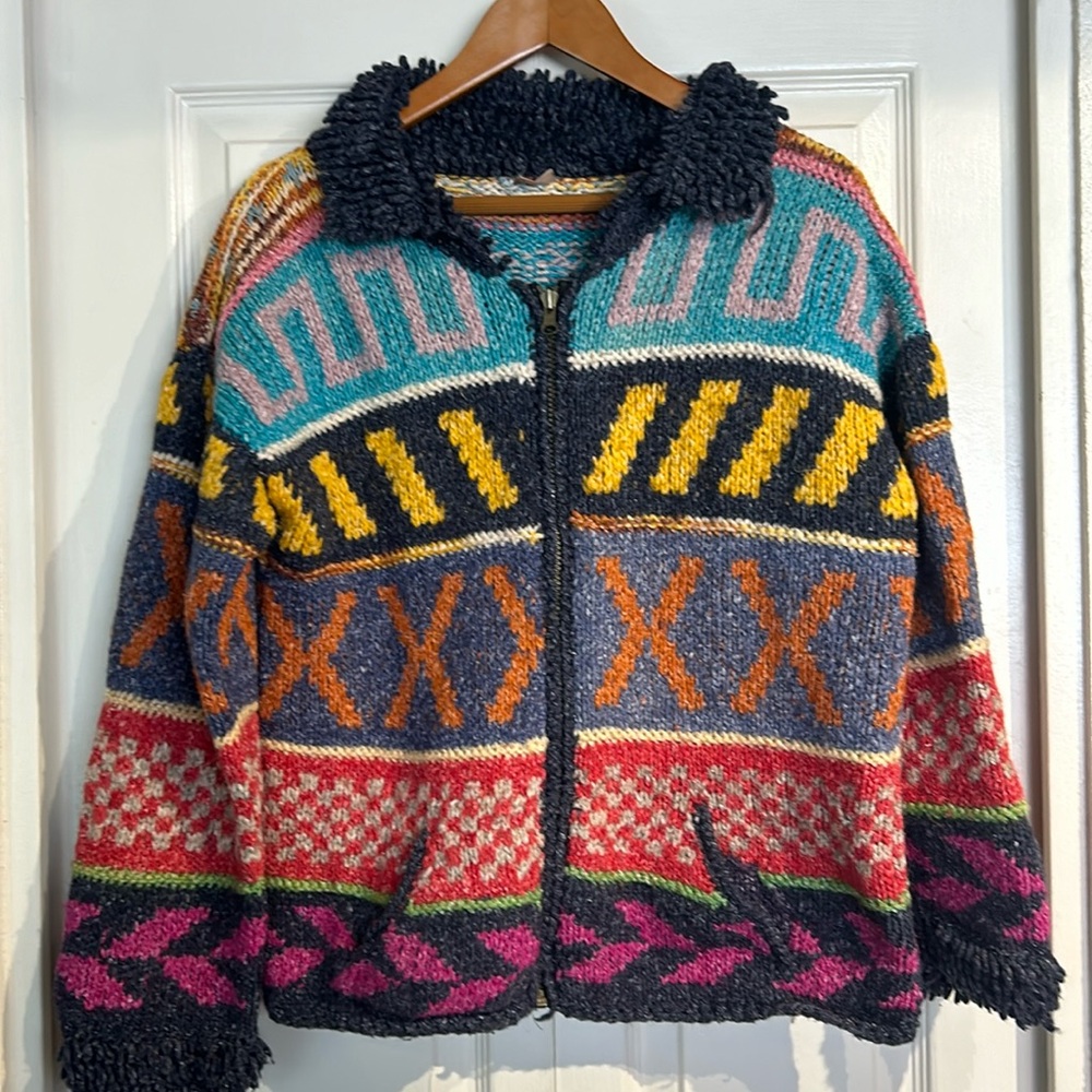 Hand knit Zip Up MultiColor Sweater